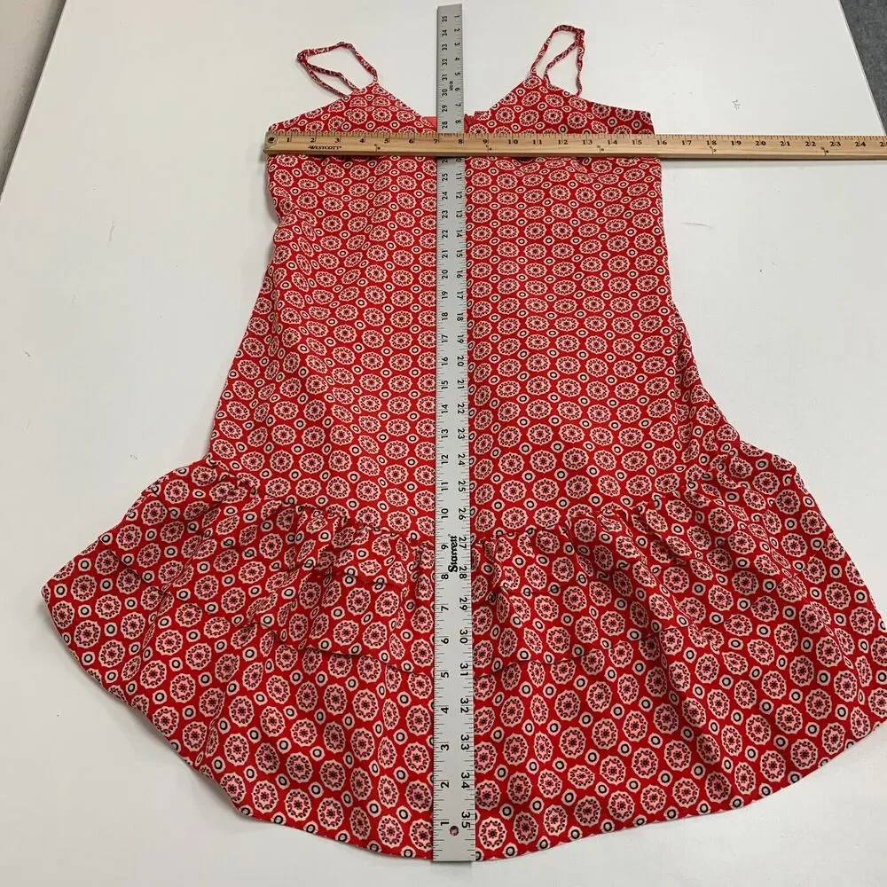 J Crew Ruffle Hem Dress Womens 0 Red Printed Spaghetti Drop Waist Knee Length